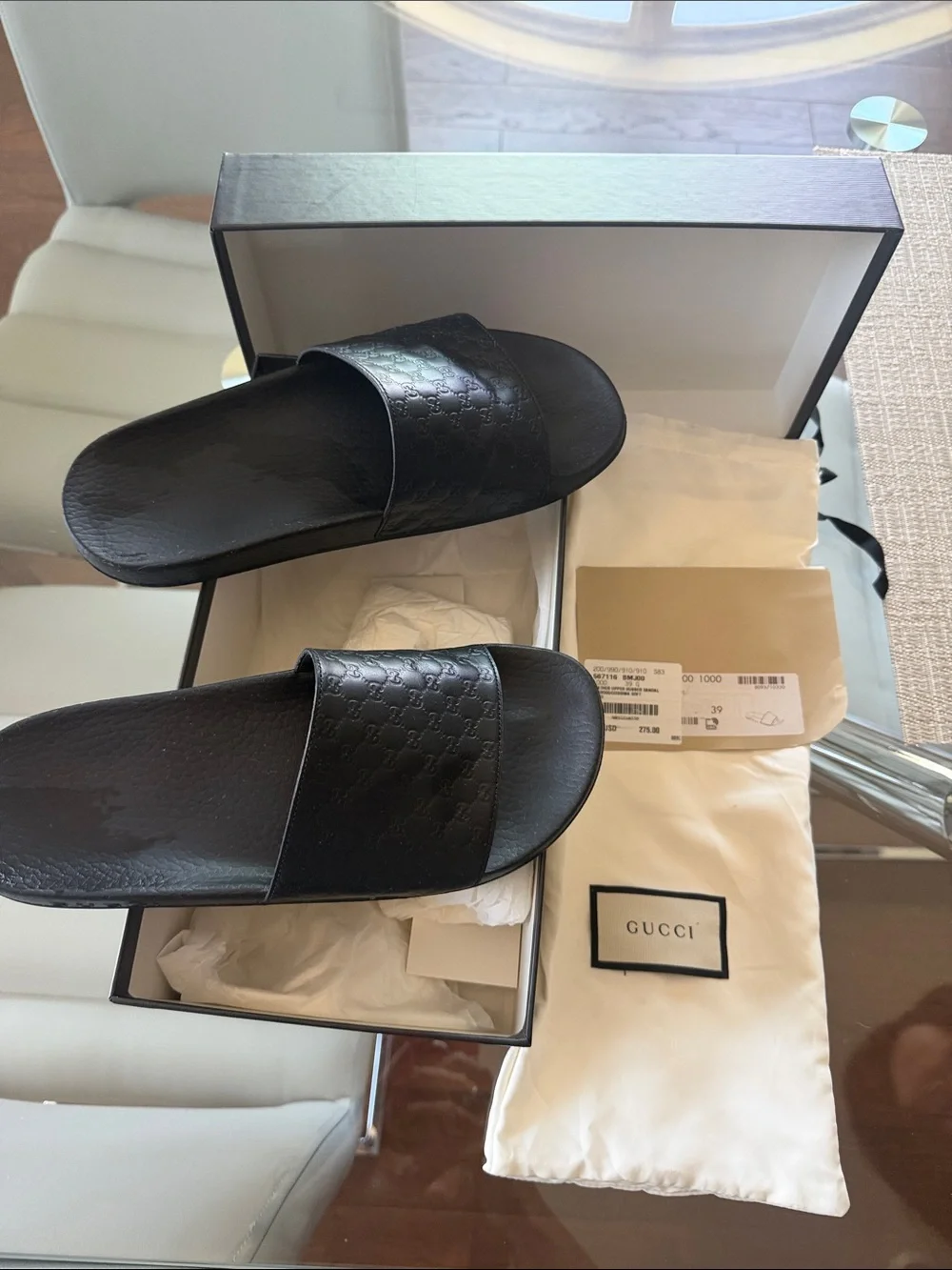 Gucci Men’s Black Embossed GG Leather Slide Sandals